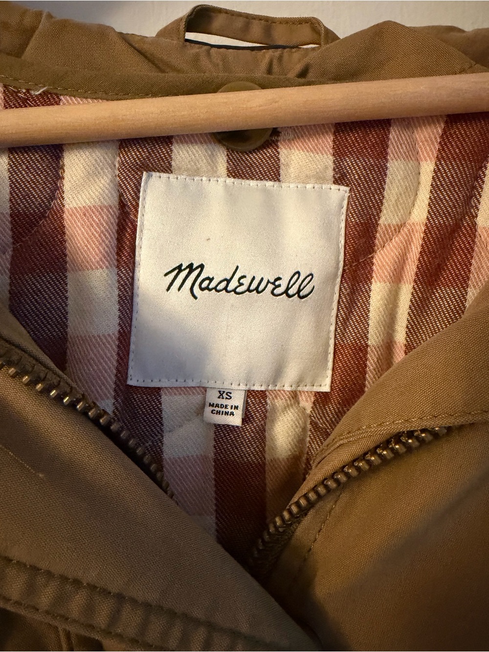 Madewell Tan Jacket with Removable Red and White Plaid Lining and Hood - Picture 2 of 11